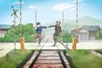  backpack bag baseball_cap black_hair blue_sky building bush cloud day eye_contact free! full_body grass hana_bell_forest hat holding_hands jacket looking_at_another male_focus matsuoka_rin mountain multiple_boys nanase_haruka_(free!) open_mouth outdoors overhead_door pants plant pulled_by_another railroad_crossing railroad_tracks red_hair road rural scarf shoes sky smile sneakers standing standing_on_one_leg tree 