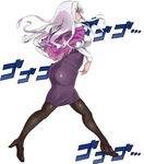  ass black_legwear breasts commentary_request full_body hairband high_heels idolmaster idolmaster_(classic) long_hair medium_breasts pantyhose purple_eyes ribbed_shirt scarf shijou_takane shirt silver_hair solo takara_joney walking white_background 