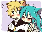  1girl :&lt; :3 animal_ears aqua_hair bad_id bad_pixiv_id blonde_hair blue_eyes blue_hair blush cat_ears closed_eyes detached_sleeves flying_sweatdrops hatsune_miku hikusa hug hug_from_behind kagamine_len long_hair necktie short_hair twintails vocaloid yellow_neckwear 