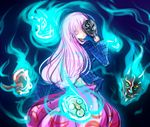  blue_fire commentary_request dress empty_eyes fire hata_no_kokoro jojo_no_kimyou_na_bouken long_hair looking_at_viewer looking_back mask no_nose pink_dress pink_eyes raptor7 shaded_face solo stone_mask_(jojo) touhou 