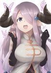  :d bare_shoulders blue_eyes braid breasts demon_horns draph elbow_gloves fingerless_gloves gloves granblue_fantasy hair_ornament hair_over_one_eye highres horns large_breasts lavender_hair long_hair looking_at_viewer mku narmaya_(granblue_fantasy) open_mouth pointy_ears smile solo 