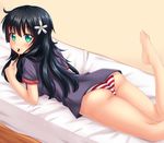  :3 ass bare_legs barefoot bed bed_sheet black_hair blush closed_mouth eating fast-runner-2024 flower food green_eyes hair_flower hair_ornament highres holding holding_food kneepits legs_up long_hair looking_at_viewer looking_back lying mouth_hold no_pants on_bed on_stomach panties pocky purple_shirt red_panties saten_ruiko shirt short_sleeves smile solo striped striped_panties t-shirt the_pose to_aru_kagaku_no_railgun to_aru_majutsu_no_index toes trefoil underwear very_long_hair white_panties 