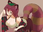  animal_ears beige_shirt bent_over breasts brown_hair brown_skirt checkered checkered_clothing cleavage collarbone commentary futatsuiwa_mamizou glasses half-closed_eyes hand_up hanging_breasts highres kakone large_breasts leaf leaf_on_head long_skirt looking_at_viewer raccoon_ears raccoon_tail red_eyes seductive_smile semi-rimless_eyewear shiny shiny_hair shiny_skin short_hair simple_background skirt sleeveless smile solo tail touhou under-rim_eyewear 