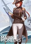  3four blush boots coattails cowboy_shot epaulettes gloves hat knee_boots long_hair low_ponytail military military_uniform naval_uniform original pantaloons red_hair solo telescope tricorne uniform white_gloves 