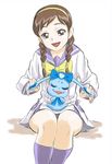  bow braid brown_eyes brown_hair creature dog dokidoki!_precure gonta_(kmga) hairband kneehighs long_hair oogai_daiichi_middle_school_uniform precure rakeru_(dokidoki!_precure) school_uniform serafuku sitting smile twin_braids white_background yashima_chihiro yellow_bow 