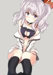  :t bell breasts cat_lingerie grey_eyes jingle_bell kantai_collection kashima_(kantai_collection) large_breasts looking_at_viewer meme_attire mitsuki_yuu navel panties pout side-tie_panties sidelocks silver_hair solo tsurime twintails underwear wavy_hair 