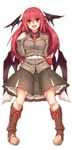  alternate_costume bat_wings belt book boots full_body head_wings jacket koakuma long_hair long_sleeves necktie open_mouth red_eyes red_hair ryuuno_stadtfeld shirt simple_background skirt smile solo touhou white_background wings 