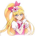  asahina_mirai blonde_hair bow bracelet cure_miracle earrings gloves hair_bow hairband hat jewelry long_hair looking_at_viewer mahou_girls_precure! mini_hat mini_witch_hat pink_hat precure purple_eyes sian side_ponytail simple_background smile solo white_background white_gloves witch_hat 