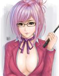  absurdres bad_id bad_pixiv_id banned_artist breasts brown_eyes cleavage collared_shirt commentary glasses hair_bun highres large_breasts lips looking_at_viewer neck_ribbon open_clothes parted_lips pink_hair prison_school ribbon school_uniform shiraki_meiko shirt solo sweetsoupman upper_body whip 