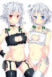  alternate_eye_color animal_ears atm_(artist) bell bell_choker black_legwear blue_eyes blush bow braid breast_padding cat_ear_panties cat_ears cat_lingerie choker cleavage_cutout collarbone dual_persona flying_sweatdrops garter_straps hair_bow highres izayoi_sakuya jingle_bell kemonomimi_mode looking_at_viewer maid_headdress meme_attire midriff multiple_girls navel open_mouth pads panties red_eyes short_hair side-tie_panties simple_background smile text_focus thighhighs touhou twin_braids underwear white_background white_legwear wrist_cuffs 