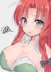  asa_(coco) blush bow braid breasts cleavage green_eyes grey_background hair_bow hair_ornament hong_meiling large_breasts long_hair open_mouth red_hair solo sweatdrop torn_clothes touhou twin_braids upper_body 