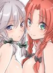  asa_(coco) blue_eyes blush bow braid breast_press breasts colorized green_eyes hair_bow hong_meiling izayoi_sakuya long_hair looking_at_viewer medium_breasts multiple_girls nude red_hair short_hair silver_hair sketch smile sweatdrop symmetrical_docking touhou twin_braids upper_body white_background 