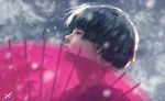 androgynous black_hair blurry blurry_background from_side ghostblade looking_up motion_blur oriental_umbrella outdoors parasol parted_lips profile red_eyes short_hair snow snow_on_head snowflakes snowing solo transparent umbrella upper_body watermark wlop 