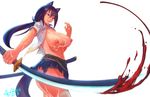  absurdres animal_ears blood breasts cat_ears cum cum_on_body cum_on_breasts cum_on_lower_body cum_on_upper_body def_(chronowarld) facial hair_ribbon highres katana large_breasts long_hair nipples open_clothes open_shirt original ponytail purple_eyes purple_hair ribbon shirt skirt solo sword thighhighs torn_clothes torn_shirt torn_skirt weapon 