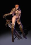  absurdres armor bangs bikini_armor boots breasts bustier center_opening cleavage contrapposto copyright_request cracked_floor dark elf fantasy full_body gauntlets goldengear870 greaves green_eyes hair_between_eyes hand_on_own_thigh hand_on_thigh high_heel_boots high_heels highres large_breasts lavender_hair looking_away looking_down multicolored_hair navel orange_hair pauldrons planted_sword planted_weapon pointy_ears shadow solo standing sword thighhighs two-handed_sword weapon 