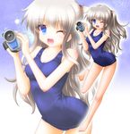  blue_eyes camcorder charlotte_(anime) long_hair school_swimsuit shion_faru silver_hair swimsuit tomori_nao two_side_up zoom_layer 