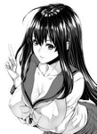  ahoge breasts cleavage collarbone greyscale index_finger_raised large_breasts long_hair looking_at_viewer monochrome original school_uniform serafuku simple_background smile solo upper_body white_background zucchini 