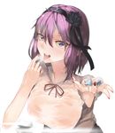  bad_id bad_pixiv_id blue_eyes breasts dagashi_kashi flower hair_between_eyes hair_flower hair_ornament hair_ribbon hairband highres hplay ice large_breasts looking_at_viewer nail_polish open_mouth outstretched_arm purple_hair red_nails ribbon ringed_eyes see-through shidare_hotaru short_hair solo steam sweat tongue tongue_out wet wet_clothes 