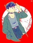  :3 adjusting_eyewear bad_id bad_pixiv_id belt_buckle black_hair buckle choker collarbone denim hand_in_pocket highres jacket jeans looking_away male_focus matsuno_karamatsu number o2_(o2mm) osomatsu-kun osomatsu-san pants solo sunglasses tank_top 