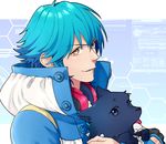  blue_hair dog dramatical_murder headphones headphones_around_neck jacket kuwa_ayase looking_at_viewer male_focus ren_(dramatical_murder) seragaki_aoba yellow_eyes 