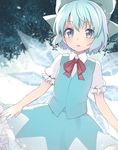  arms_at_sides asa_(coco) blue_dress blue_eyes blue_hair blurry blush bow cirno dress hair_between_eyes hair_ornament hair_ribbon ice ice_wings open_mouth puffy_short_sleeves puffy_sleeves red_bow ribbon shirt short_hair short_sleeves skirt skirt_set snowing solo touhou triangle_print vest wings 