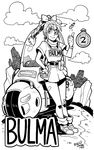  artist_name bow braid bulma capsule character_name cloud dated dragon_ball dragon_ball_(classic) dragon_radar dress full_body gloves greyscale ground_vehicle hair_bow hair_tie hand_on_hip mike_luckas monochrome motor_vehicle motorcycle pouch short_dress signature single_braid single_glove smile solo thumbs_up watch wristwatch 