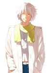  clear_(dramatical_murder) closed_eyes dramatical_murder grin hands_in_pockets hiki_yuichi male_focus mole scarf smile solo white_background white_hair 