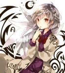  bad_id bad_twitter_id blush bow bowtie braid dress finger_to_mouth jacket kishin_sagume long_sleeves looking_at_viewer purple_dress red_eyes short_hair silver_hair single_wing solo sweetroad touhou upper_body wings 