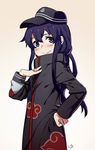  akatsuki_(kantai_collection) akatsuki_(naruto) akatsuki_uniform anchor_symbol blush cosplay cowboy_shot hat kantai_collection long_hair long_sleeves looking_at_viewer namesake nanaya_(daaijianglin) naruto naruto_(series) purple_eyes purple_hair simple_background smile solo 