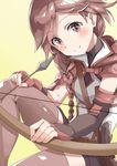  bow_(weapon) braid brown_eyes brown_hair hai_to_gensou_no_grimgar hair_over_shoulder highres holding holding_weapon long_hair looking_at_viewer single_braid smile solo thighhighs weapon xuan_chu yume_(grimgar) zettai_ryouiki 