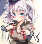  beret blue_eyes blush breasts cleavage frilled_sleeves frills hat jacket kantai_collection kashima_(kantai_collection) kerchief large_breasts long_hair looking_at_viewer military military_uniform no_bra red_ribbon ribbon see-through shirt sidelocks silver_hair solo sousouman tsurime twintails uniform wavy_hair 