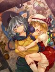  blonde_hair bloomers broken candy closed_eyes colored_eyelashes crystal dutch_angle eyeball finger_in_another's_mouth flandre_scarlet food hat hat_ribbon holding_another's_hair hug kneehighs komeiji_koishi lollipop long_sleeves looking_at_viewer lying mob_cap multiple_girls on_back on_bed on_side open_mouth puffy_sleeves ribbon sakurai_energy shirt short_hair short_sleeves silver_hair skirt skirt_set sleeping string stuffed_animal stuffed_dolphin stuffed_toy sweets teddy_bear third_eye touhou underwear vest white_legwear wide_sleeves wings wrist_cuffs 