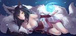  ahri animal_ears bad_id bad_pixiv_id breasts cleavage facial_mark fox_ears fox_tail highres korean_clothes large_breasts league_of_legends long_hair multiple_tails riffey solo tail whisker_markings yellow_eyes 