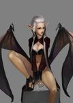  absurdres breasts cleavage cleavage_cutout demon_girl fangs highres jayjiwoo_park lipstick long_hair makeup medium_breasts nail_polish navel pointy_ears red_eyes simple_background solo spread_legs succubus white_hair wings 