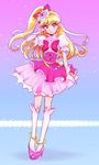  asahina_mirai bad_id bad_pixiv_id blonde_hair blue_background bow brooch cure_miracle full_body gloves gradient gradient_background hair_bow hairband half_updo hat jewelry kneehighs long_hair looking_at_viewer magical_girl mahou_girls_precure! mini_hat mini_witch_hat pink_background pink_bow pink_footwear pink_hat pink_skirt ponytail precure puffy_sleeves purple_eyes red_bow shoes skirt smile solo sparkle standing sukebeipeople white_gloves white_legwear witch_hat 