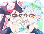  aori_(splatoon) ayakashi_(monkeypanch) bare_shoulders black_hair brown_eyes chin_rest closed_eyes commentary_request crazy_straw cup detached_collar domino_mask dress drink drinking drinking_glass drinking_straw earrings food food_on_head glass gloves hand_on_own_cheek head_rest heart_straw highres hotaru_(splatoon) jewelry long_hair looking_at_viewer mask multiple_girls object_on_head pointy_ears short_hair sitting smile splatoon_(series) splatoon_1 table tentacle_hair white_gloves 