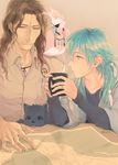  bad_pixiv_id bird blue_hair braid brown_hair cigar dog dramatical_murder dream_catcher eyepatch feathers hair_feathers jewelry long_hair macaroni_(piyo4508) male_focus mink_(dramatical_murder) multiple_boys necklace ring seragaki_aoba 