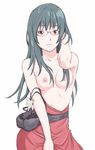  bra bra_pull breasts dress dress_pull glasses green_hair long_hair nipples original red_eyes saitani_umetarou small_breasts solo standing underwear 