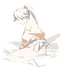  bare_shoulders commentary_request hakama houshou_(kantai_collection) japanese_clothes kantai_collection kimono ningen_(ningen96) overexposure panties ponytail sitting solo thighhighs underwear wariza 
