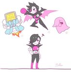  :3 arm_cannon artist_name black_hair blue_dress commentary crossdressing dress flying ghost hato_moa heart mettaton mettaton_(ghost) mettaton_ex mettaton_neo multiple_persona red_eyes robot spoilers squiggle undertale v-shaped_eyebrows weapon wings 