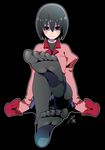  black_eyes black_hair empty_eyes feet monogatari_(series) necktie oshino_ougi pantyhose school_uniform short_hair sitting sleeves_past_wrists solo yadokugaeru 