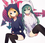  animal_hood blonde_hair bunny_hood cat_hood green_eyes green_hair hands_in_pockets hatsune_miku hood hoodie kagamine_rin long_hair multiple_girls natsume3304 sitting thighhighs twintails vocaloid white_background 