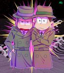  :&lt; bad_id bad_twitter_id brothers crossed_arms detective fedora green_neckwear hand_in_pocket hat heart heart_in_mouth male_focus matsuno_choromatsu matsuno_ichimatsu multiple_boys necktie osomatsu-kun osomatsu-san purple_neckwear siblings torn_clothes torn_hat trench_coat vnzl2 waves 