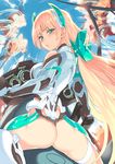  angela_balzac ass blonde_hair blush breasts elbow_gloves from_behind gloves green_eyes hair_ornament headgear holographic_interface large_breasts leotard long_hair looking_at_viewer looking_back low_twintails metallican rakuen_tsuihou solo twintails very_long_hair 