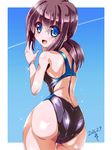  :d artist_name ass back blue_eyes blue_sky blush brown_hair commentary competition_swimsuit condensation_trail dated eyebrows eyebrows_visible_through_hair from_behind fubuki_(kantai_collection) hair_between_eyes hands_up kantai_collection long_hair looking_at_viewer looking_back miuku_(marine_sapphire) one-piece_swimsuit open_mouth ponytail shiny shiny_clothes shiny_hair shiny_skin shoulder_blades sidelocks skin_tight sky smile solo standing swimsuit thigh_gap water_drop wet wristband 