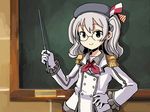  adrian_ferrer beret bespectacled buttons chalkboard commentary epaulettes frilled_sleeves frills glasses gloves grey_eyes hat kantai_collection kashima_(kantai_collection) military military_uniform pointer sidelocks silver_hair solo tsurime twintails uniform wavy_hair white_gloves 