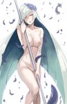  breasts brynhildr_(fate) deras fate/prototype fate/prototype:_fragments_of_blue_and_silver fate_(series) feathers long_hair medium_breasts nipples nude polearm purple_eyes silver_hair solo spear very_long_hair weapon 