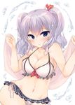  bikini blue_eyes blush breasts cleavage kantai_collection kashima_(kantai_collection) looking_at_viewer medium_breasts momoirone navel short_hair silver_hair solo swimsuit towel twintails 