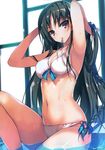  absurdres adjusting_hair bikini black_hair blush braid breasts cleavage highres horikita_suzune in_water long_hair looking_at_viewer medium_breasts navel o-ring o-ring_bottom official_art partially_submerged pool red_eyes sitting solo swimsuit tomose_shunsaku very_long_hair wet white_bikini youkoso_jitsuryoku_shijou_shugi_no_kyoushitsu_e 