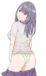  ass ass_cutout black_hair brown_eyes looking_at_viewer looking_back original panties saitani_umetarou shirt skirt skirt_pull solo standing underwear 